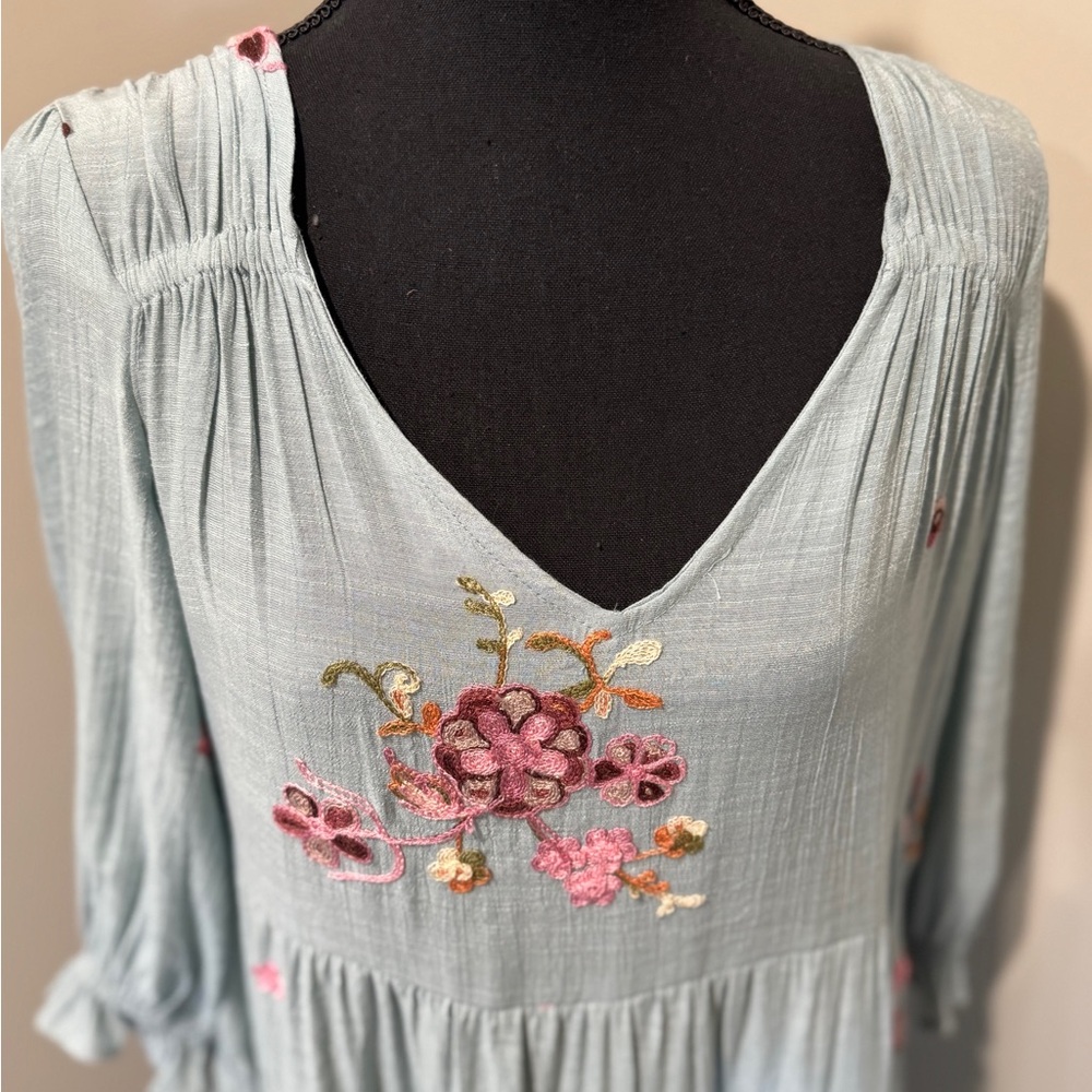 Hope Springs Floral‎ Embroidered Blue Dress Medium Boho Chic! Cottagecore - Picture 5 of 9